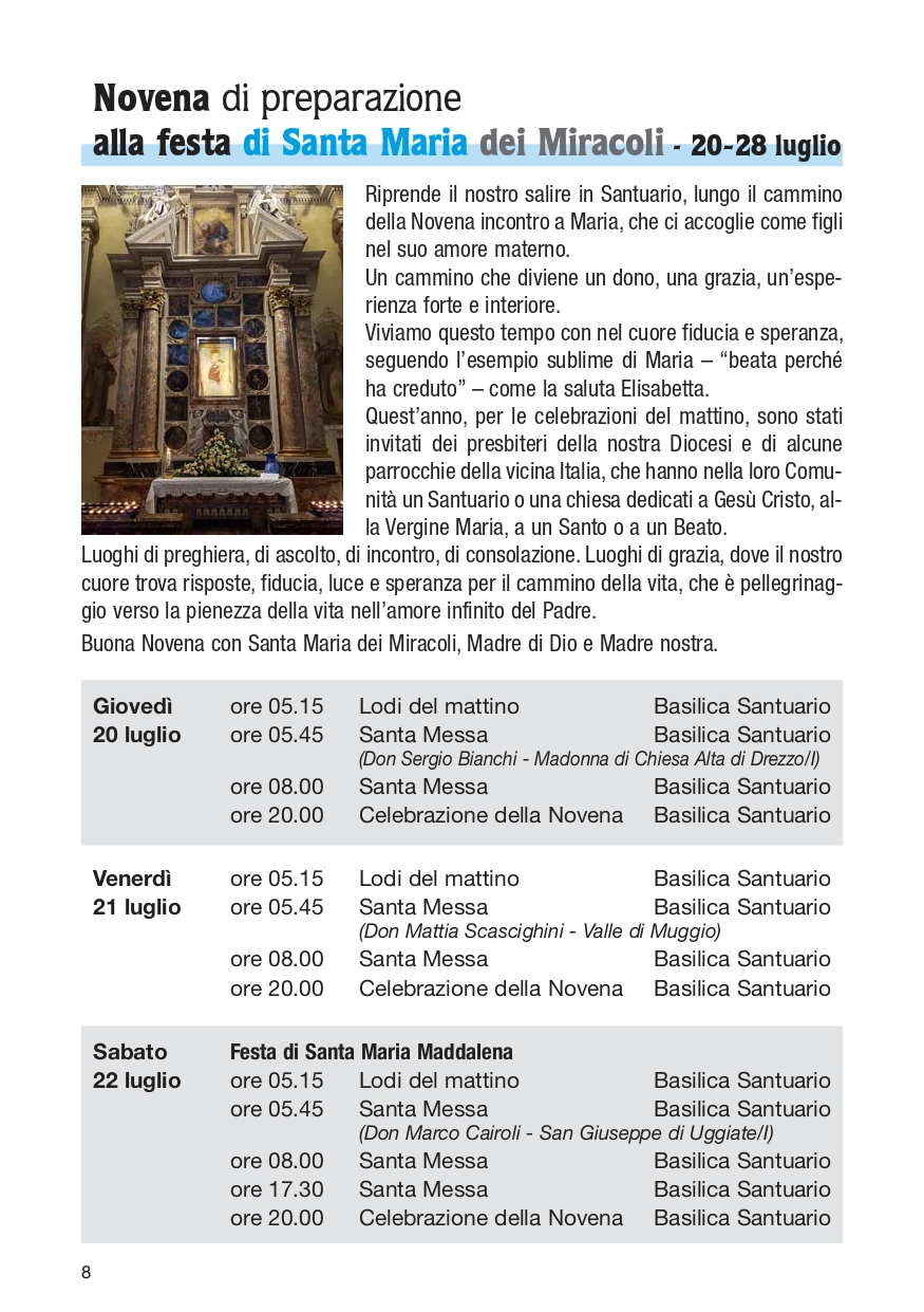 Novena di preparazione alla festa di Santa Maria dei Miracoli (20-28 luglio)